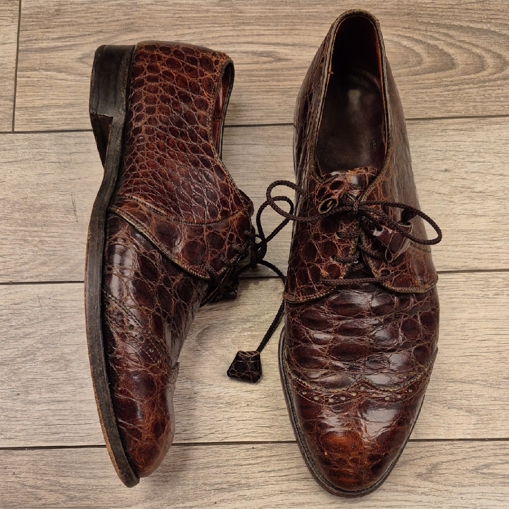 FOOTJOY Brown Crocodile Leather Sz 9.5 C Oxfords Mens Dress Golf Shoes VTG RARE‎